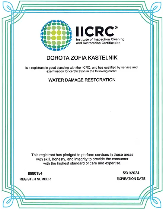 Certyfikat IICRC dla Doroty Kastelnik, 2024