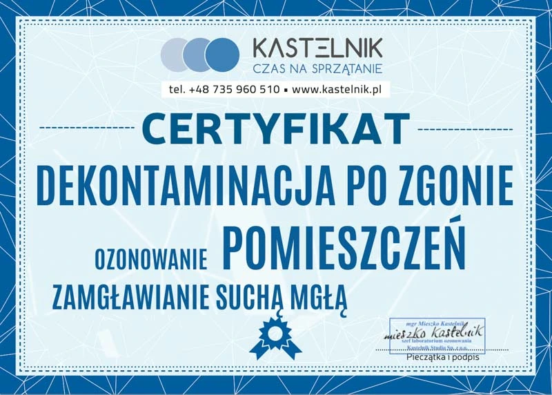 dekontaminacja pomieszczeń po śmierci, certyfikat firmy Kastelnik